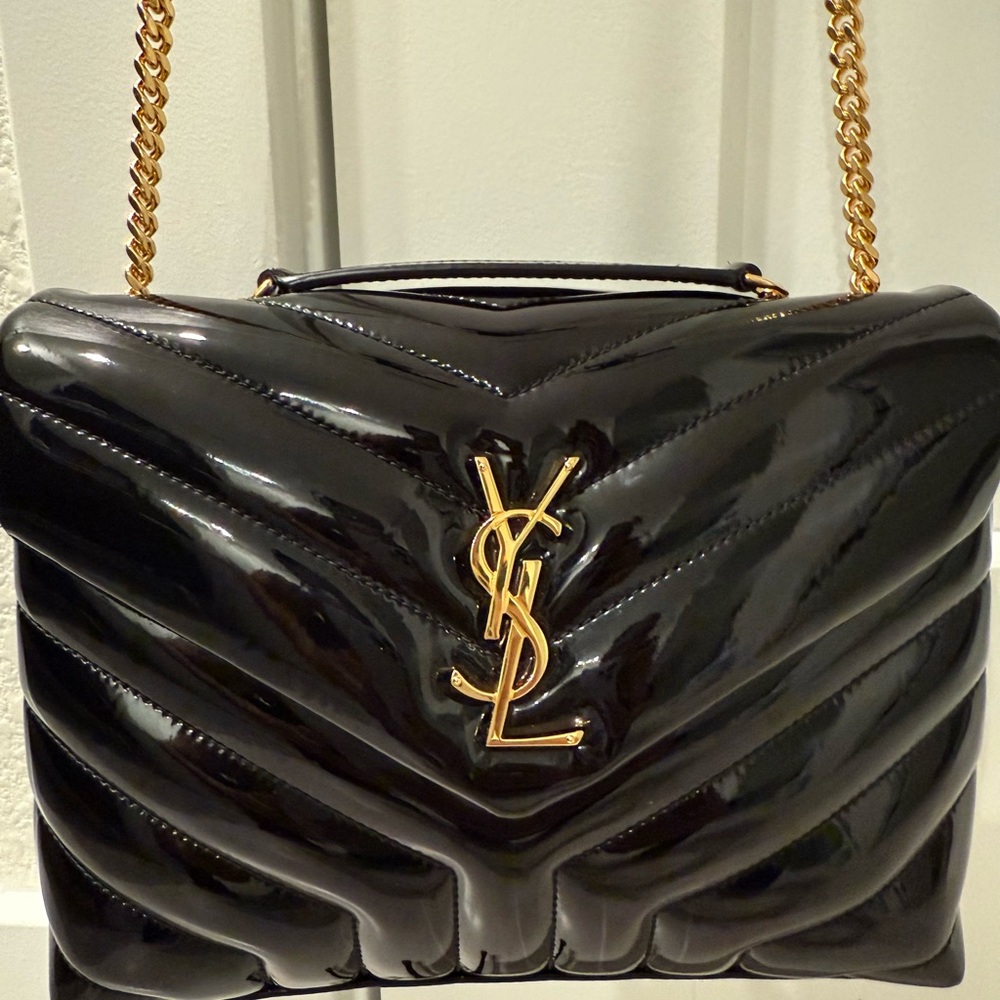 Saint Laurent (YSL) Black and Gold Patent Shoulder Bag -Worn 1X - Picture 2 of 16